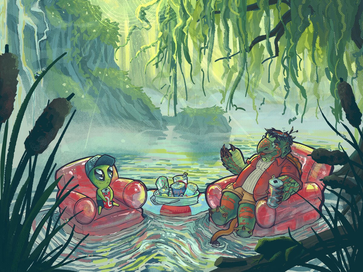 A little green alien and Kappa chilling in a swamp the Kappa was created for a character design challenge.