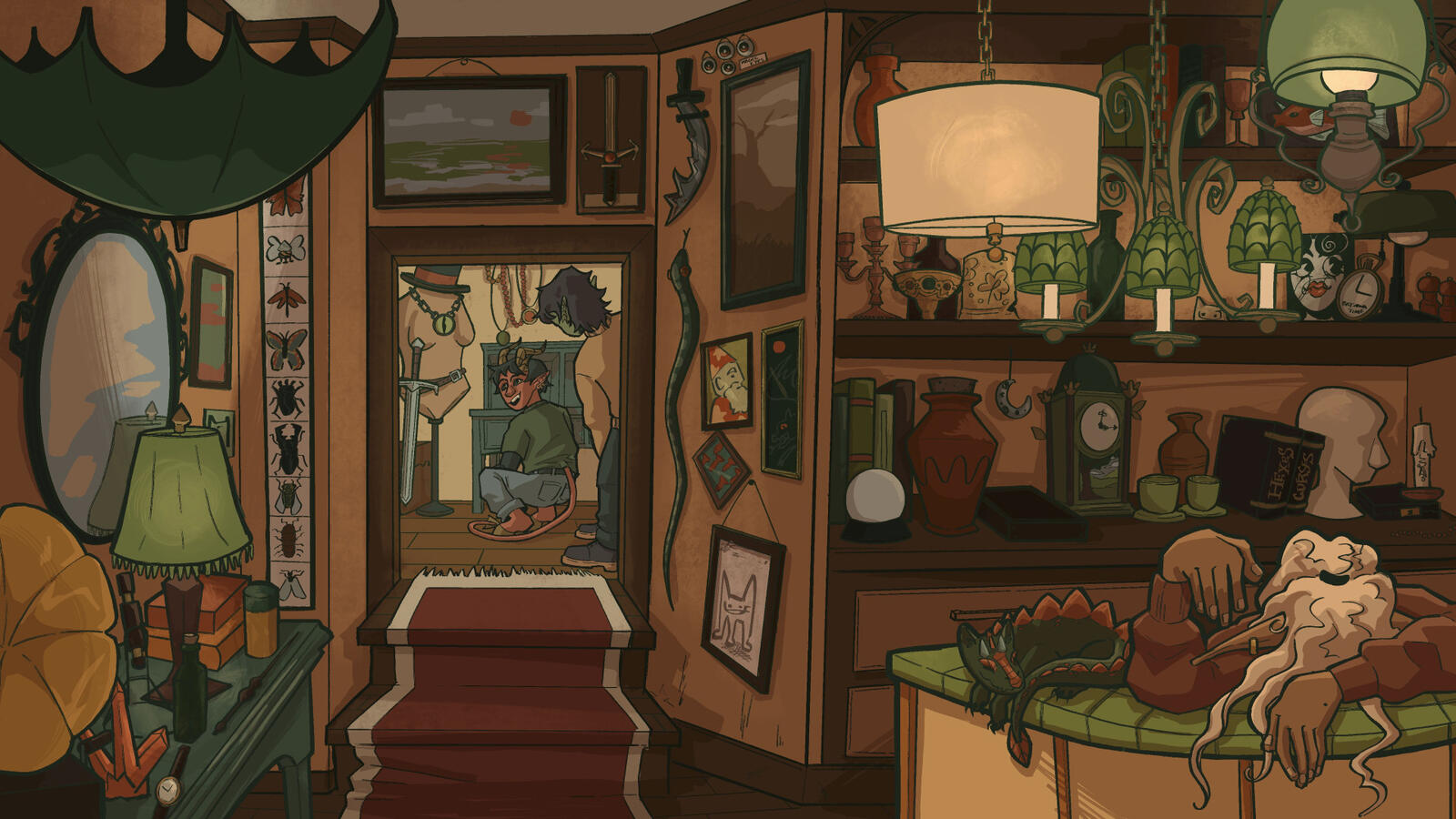 The interior of a fantasy antique shop.'